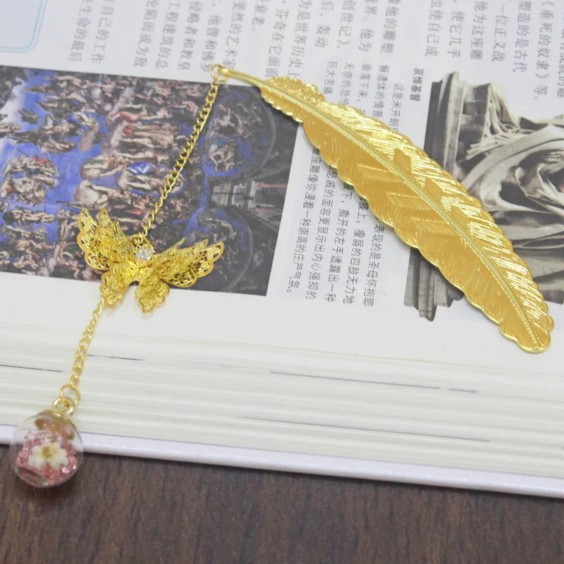 WhisperLeaf Metal Bookmark – Feather Design with Delicate Butterfly Charms