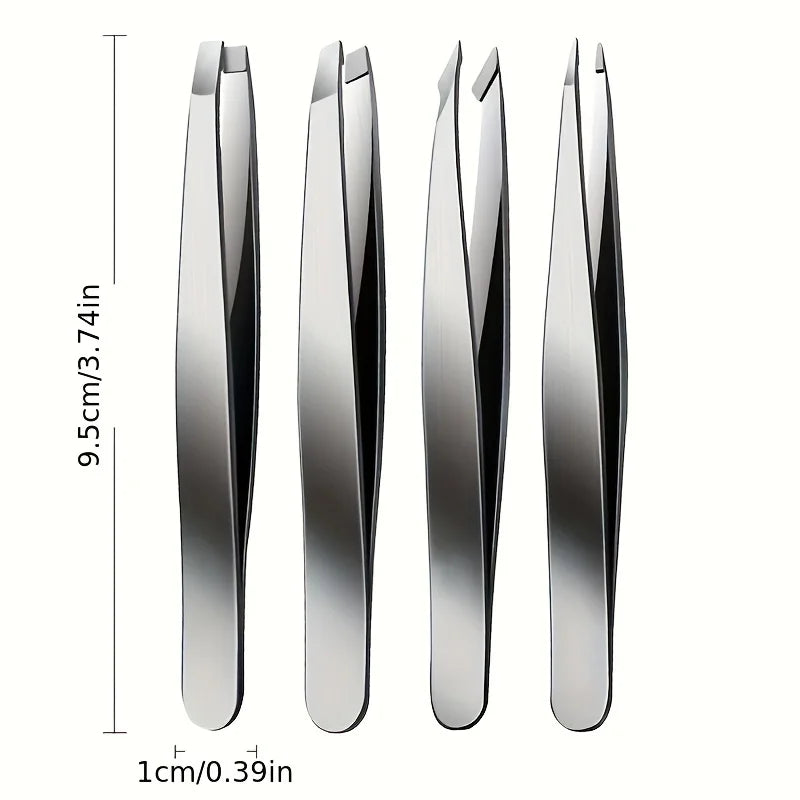 BrowLuxe Precision Tweezers Set – 4Pcs Stainless Steel Beauty Tools for Perfect Eyebrow Shaping