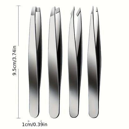 BrowLuxe Precision Tweezers Set – 4Pcs Stainless Steel Beauty Tools for Perfect Eyebrow Shaping