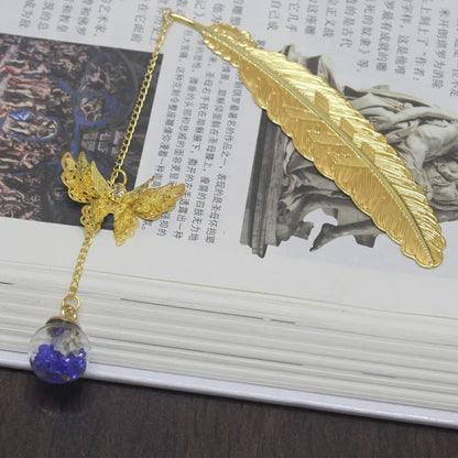 WhisperLeaf Metal Bookmark – Feather Design with Delicate Butterfly Charms