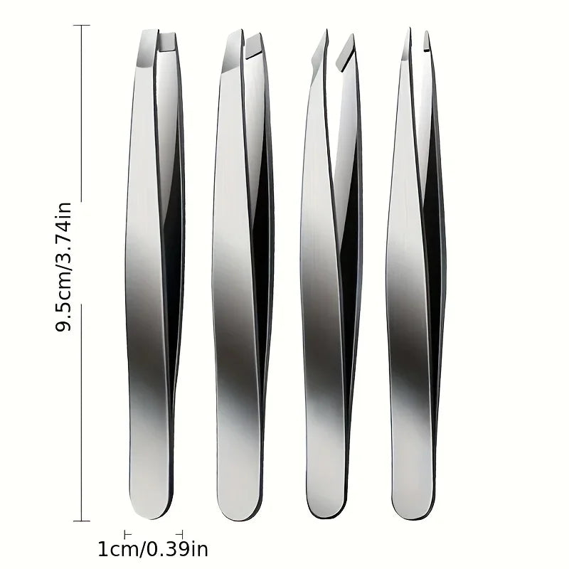 BrowLuxe Precision Tweezers Set – 4Pcs Stainless Steel Beauty Tools for Perfect Eyebrow Shaping