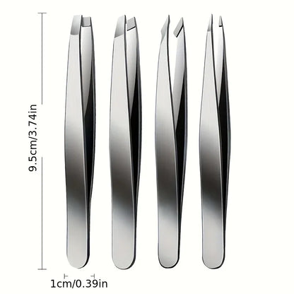 BrowLuxe Precision Tweezers Set – 4Pcs Stainless Steel Beauty Tools for Perfect Eyebrow Shaping