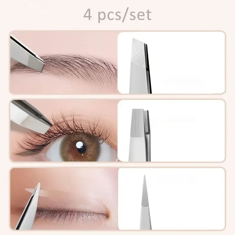BrowLuxe Precision Tweezers Set – 4Pcs Stainless Steel Beauty Tools for Perfect Eyebrow Shaping