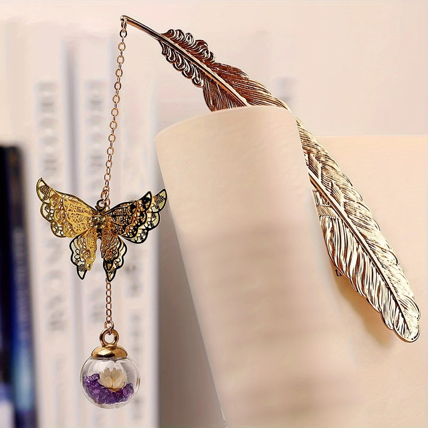 WhisperLeaf Metal Bookmark – Feather Design with Delicate Butterfly Charms