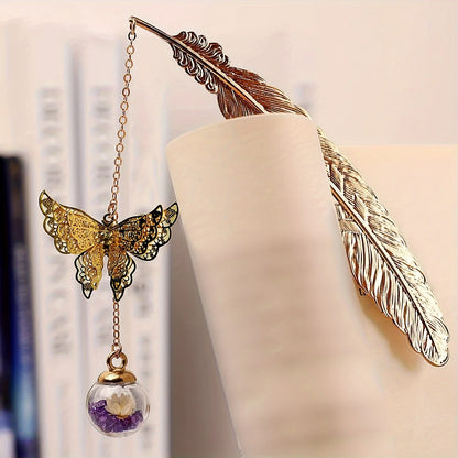 WhisperLeaf Metal Bookmark – Feather Design with Delicate Butterfly Charms
