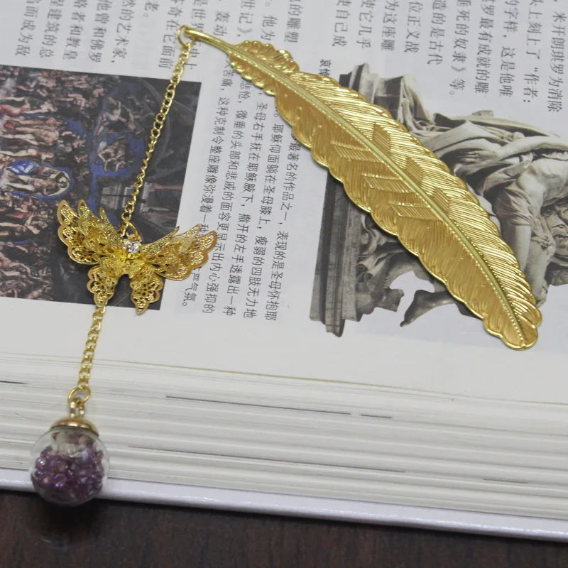 WhisperLeaf Metal Bookmark – Feather Design with Delicate Butterfly Charms