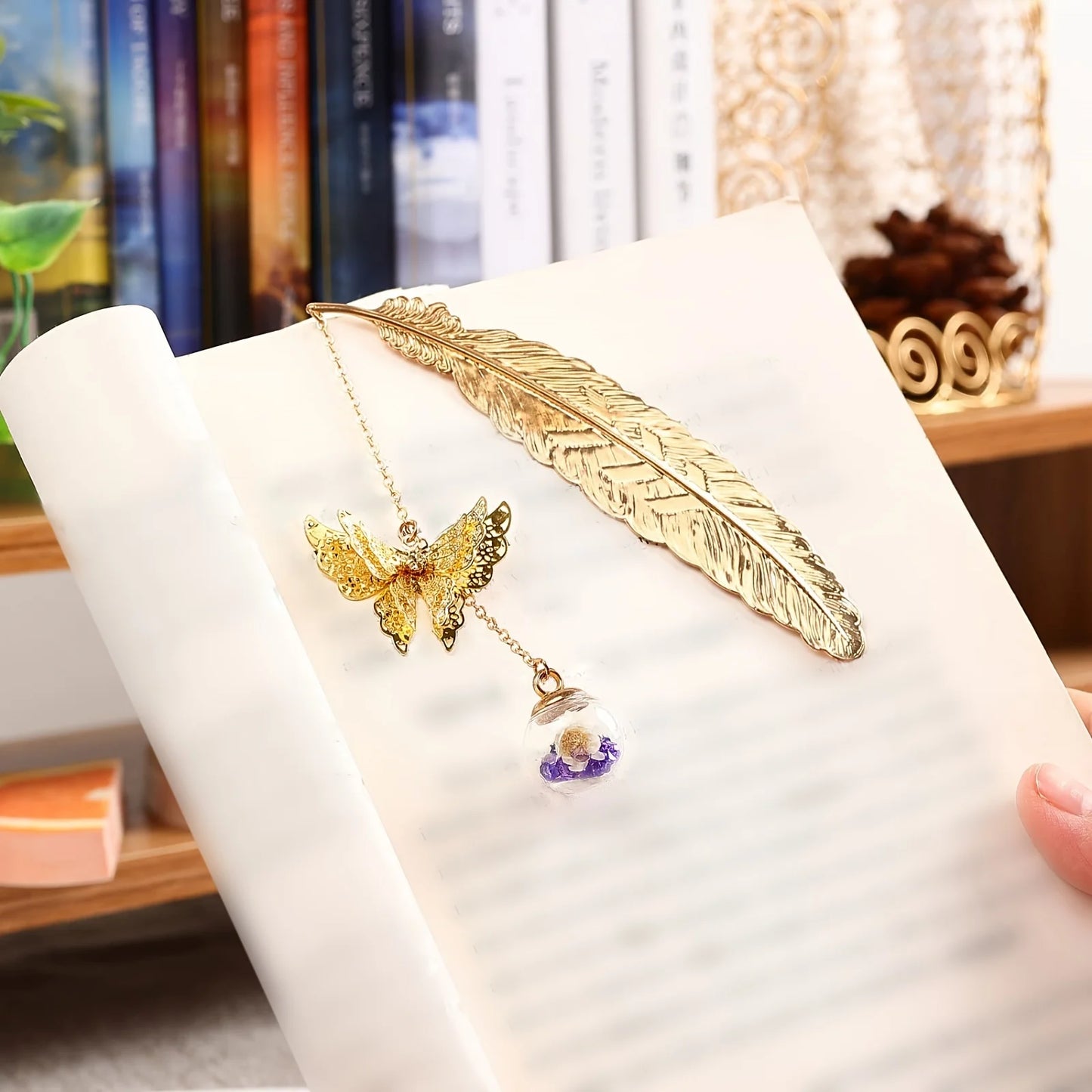 WhisperLeaf Metal Bookmark – Feather Design with Delicate Butterfly Charms