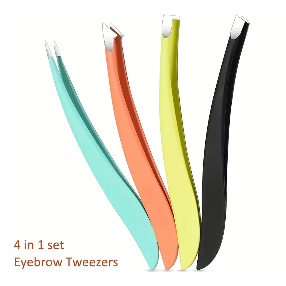 BrowLuxe Precision Tweezers Set – 4Pcs Stainless Steel Beauty Tools for Perfect Eyebrow Shaping