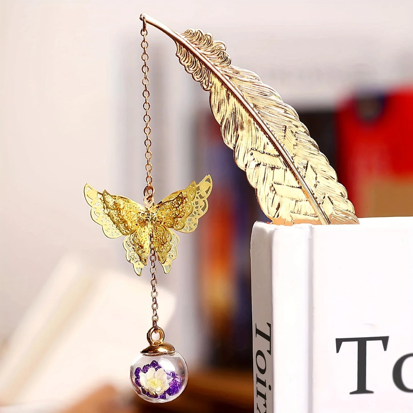 WhisperLeaf Metal Bookmark – Feather Design with Delicate Butterfly Charms