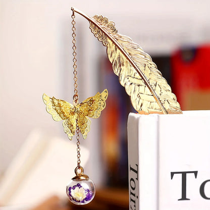 WhisperLeaf Metal Bookmark – Feather Design with Delicate Butterfly Charms