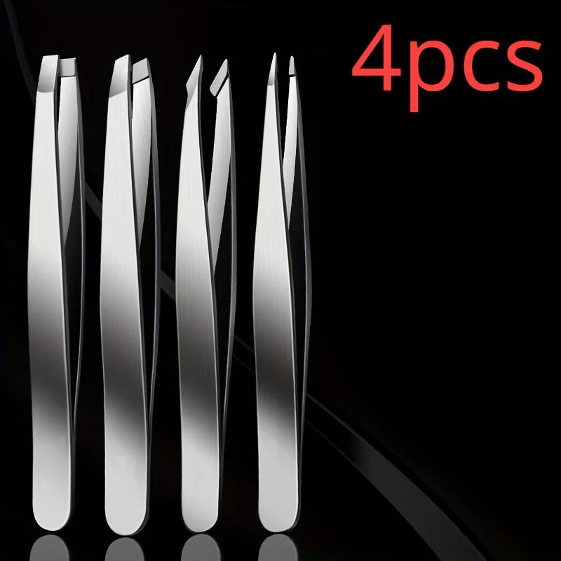 BrowLuxe Precision Tweezers Set – 4Pcs Stainless Steel Beauty Tools for Perfect Eyebrow Shaping
