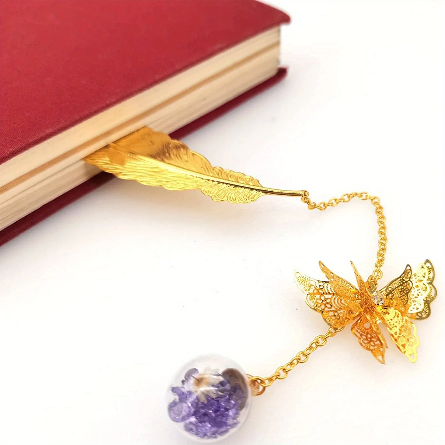 WhisperLeaf Metal Bookmark – Feather Design with Delicate Butterfly Charms
